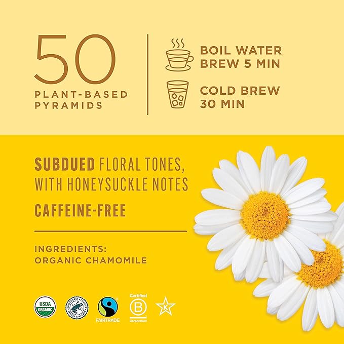 Teatulia Organic Chamomile Tea Bags (50 Pyramid Teabags) Raw Whole Leaf Flower. 100% Compostable And Sustainably Grown In Egypt. Caffeine Free Herbal Camille Tea - Calming Sleepytime Chamomile