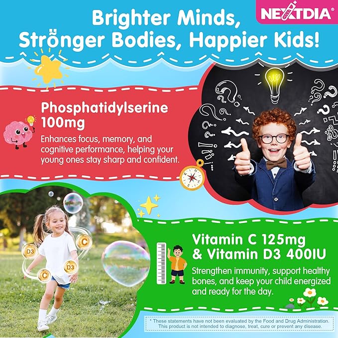 Phosphatidylserine Supplement 100mg Focus Gummies for Kids Teens + Vitamin C &amp D3 400IU Sugar Free Kids Brain Gummies Increase Attention &amp Concentration Chewable Vegan Gluten Free Non-GM