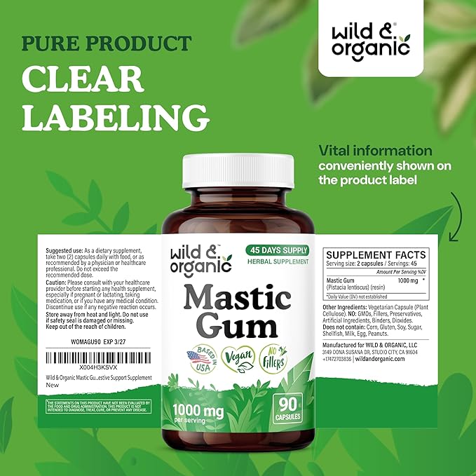 Wild &amp Organic Mastic Gum Capsules - 1000 mg Mastic Gum Supplement for Gut Support - 45 Days of Supply - 90 Vegan Resin Capsules - No Fillers Non-GMO Gluten-Free
