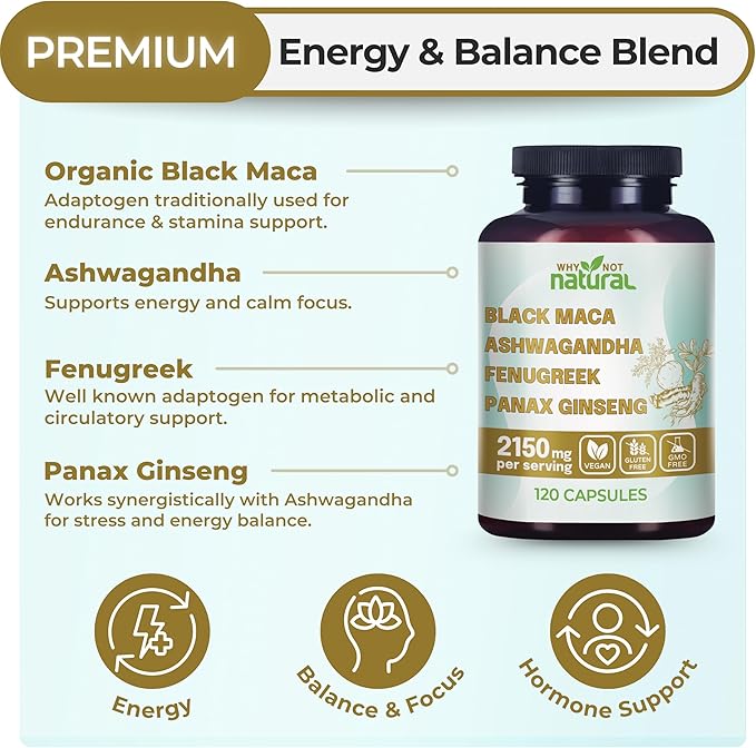 Why Not Natural 4-in-1 Organic Black Maca Root Ashwagandha Fenugreek Panax Ginseng Capsules Supplement for Men and Women
