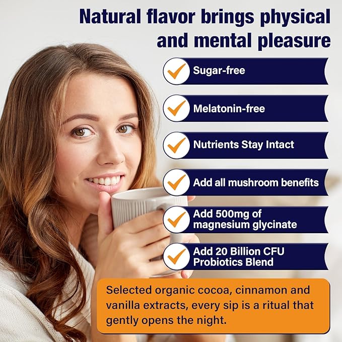 Mushroom Hot Cocoa with Magnesium Glycinate Reishi L-Theanine Ashwagandha Lemon Balm Lavender Cacao Powder Organic Hot Chocolate Supplement for Sleep Relaxation No Melatonin Vegan 3P