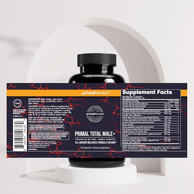 Primal Harvest Total Male+ Multivitamin for Men Vitamins Minerals and Herbal Support for Energy Vitality Immune Health and Performance (1 Pack (90 Count))
