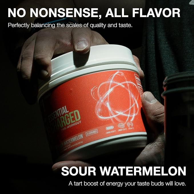RAW Pre-Workout Powder Essential CHARGED (Sour Watermelon) - Preworkout Supplement for Men &amp Women - Supports Focus Mood &amp Performance - Caffeine Alpha-GPC L-Citrulline Beta Alanine (25 S
