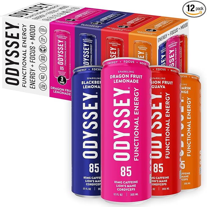 Odyssey Functional Energy Drink for Focus Cognition &amp Mood Support 12 Pack - Adaptogenic Drink with 85mg Green Tea Caffeine Lion’s Mane Cordyceps L-Theanine &amp Ginseng Variety Pack