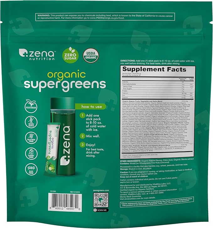 Zena Nutrition Organic Super Greens Powder 70+ Superfoods 0 Sugar 3g Fiber Spirulina Chlorella Mushrooms Prebiotics/Probiotics Digestive Enzymes Gut Health Green Apple 30 Drink Mix Packets