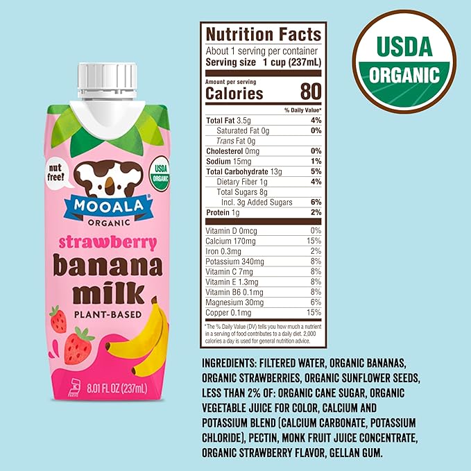 Mooala - Organic Strawberry Bananamilk Lunchbox Friendly Shelf-Stable Non-Dairy Nut-Free Plant-Based Beverage On the Go 12 Pack