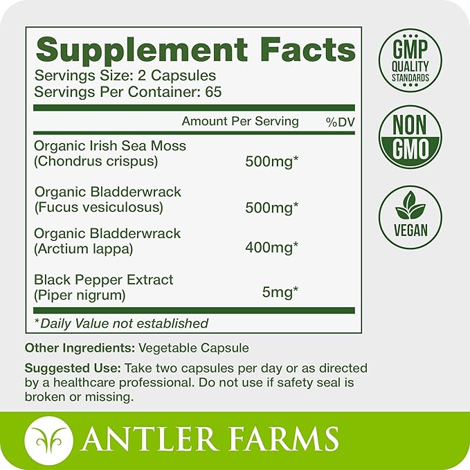 Antler Farms – 100% Pure Sea Moss Complex 130 Capsules Wildcrafted Irish Sea Moss Bladderwrack and Burdock Root – A Potent Blend for Wellness Vegan-Friendly Gluten Soy and Dairy Free