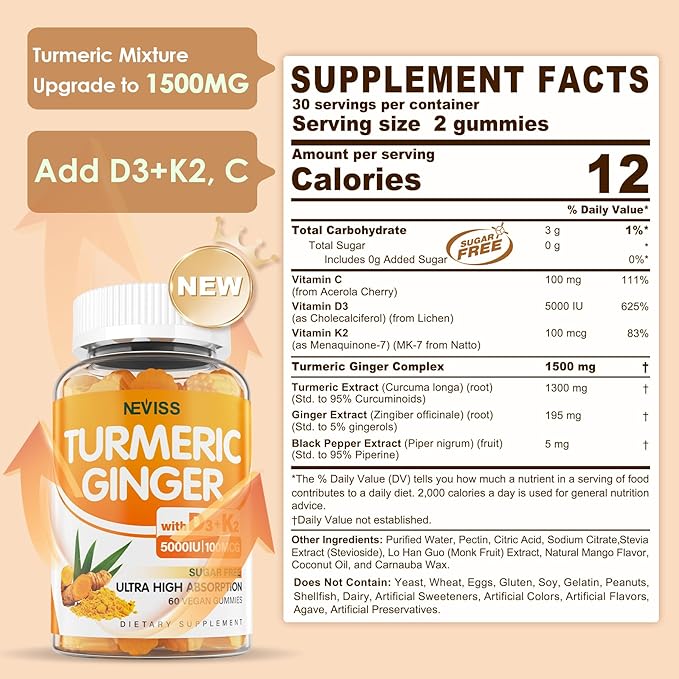 Turmeric and Ginger Gummies Supplement 1500mg w/Vitamin D3 5000 IU K2 (MK7) &amp Black Pepper Sugar Free Vegan Ginger and Turmeric Curcumin Supplements Gummy for Bone Immune &amp Digestive Health