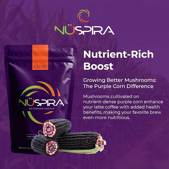 NüSpira - Latte Mushroom Coffee - Premium Blend of 6 Adaptogen Mushrooms for Vitality Brain Clarity Gut Health &amp Immune Support - 24 Pack
