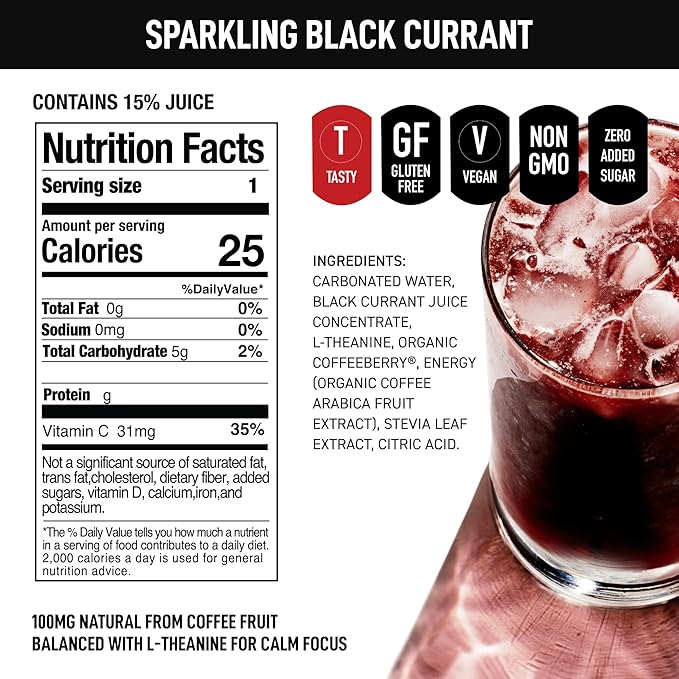 AUTOFOCUS Sparkling Energy Drink - Sparkling Focus Drink with Coffee Fruit &amp L-Theanine - Clean Caffeine Brain Booster - No Added Sugar Sparkling Productivity Drink - Black Currant - 12oz (Pack of