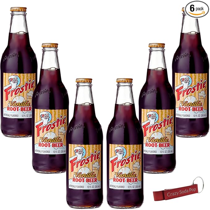 Frostie Vanilla Root Beer | One of Frostie’s Popular Soda Flavors | Real Cane Sugar | Caffeine Free | 12 oz Glass Bottles with Crazy Soda Pop Bottle Opener (6 Pack)