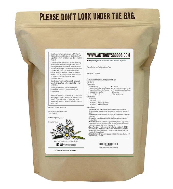 Anthony's Organic Chamomile Flowers 1 lb Whole Loose Leaf Gluten Free Non GMO Non Irradiated