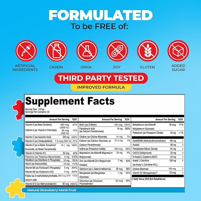 My Spectrum Heroes Kids Powder Multivitamin - Strawberry Powder Supplement Better Absorption Non-GMO Non-Gluten No Artificial Ingredients - Neural Help for Children on The Spectrum - 30 Servings