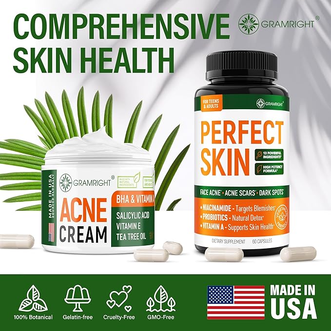 Perfect Skin Acne Pills - Clear Skin Supplement with Niacinamide Probiotic Zinc &amp Vitamin A - Anti Acne Vitamins for Teens Men &amp Women - Support for Face &amp Back Acne Acne Scars - 60 Ca