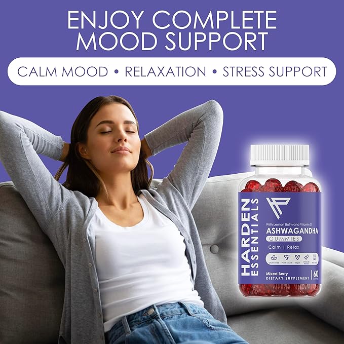 KSM-66 Ashwagandha Gummies 750mg Per Gummy – 1500mg Per Serving – Stress &amp Cortisol Support – with Lemon Balm &amp Vitamin D – 60 Count (30 Day Supply) – Vegan – Harden Essentials
