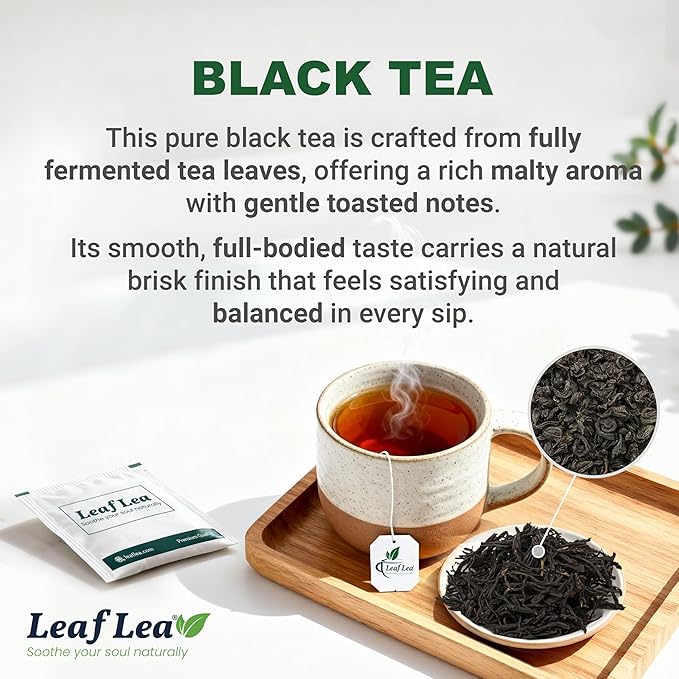 LeafLea 80 Black Tea Bags Premium Black Tea Leaves Rich Bright and Firmly Astringent Promotes Digestive Comfort &amp Steady Alertness Caffeinated Sugar-Free Vegan Enjoy Hot or Iced