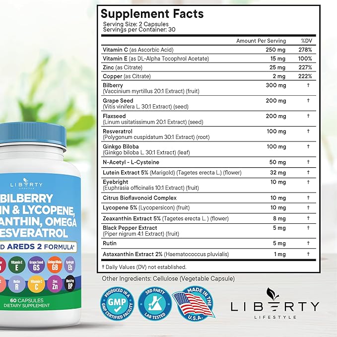 Eye Health Vitamins with Bilberry Lutein &amp Zeaxanthin Lycopene Resveratrol Grape Seed Extract Flaxseed Astaxanthin- AREDS 2-120 Capsules