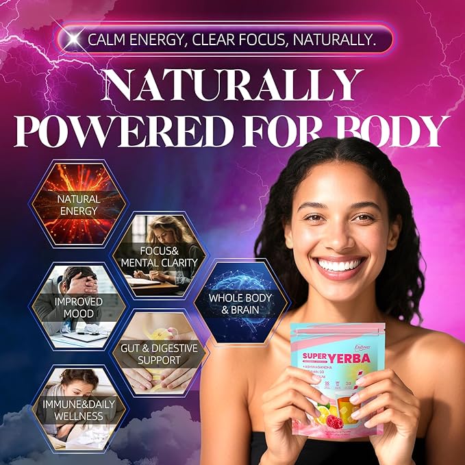 Super Yerba Packets - Yerba Mate Instant Tea Powder 3-in-1 Super Drink Mix for GutHealth Raspberry Lemonade Flavor Energy Boost &amp Focus-30 Servings(1)