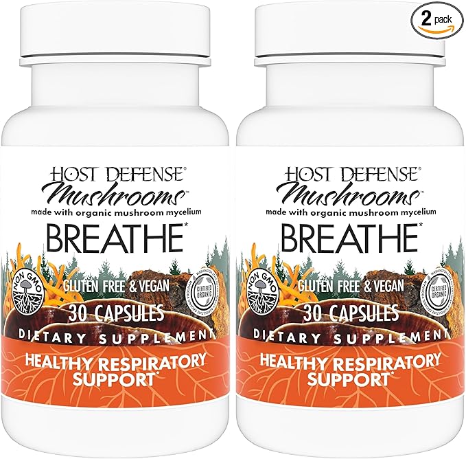 Host Defense Breathe* Capsules - Immune &amp Respiratory Support Mushroom Supplement - Herbal Lung Health Supplement with Chaga Reishi &amp Cordyceps - 30 Capsules (15 Servings)* (Pack of 2)