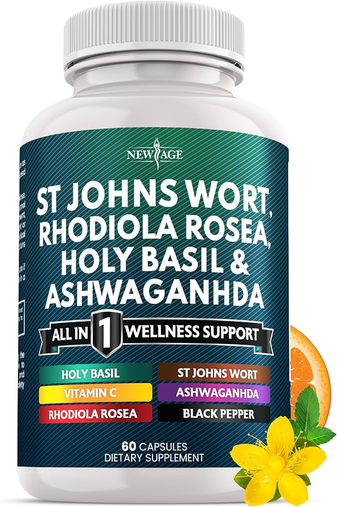 NEW AGE St Johns Wort Rhodiola Rosea Holy Basil Ashwagandha - Support for Women and Men with Vitamin C &amp Black Pepper Extract - 60 Count
