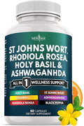 NEW AGE St Johns Wort Rhodiola Rosea Holy Basil Ashwagandha - Support for Women and Men with Vitamin C &amp Black Pepper Extract - 60 Count