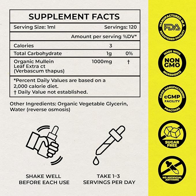 Inhale Mullein Drops – USDA Organic Mullein Leaf Extract for Lung &amp Bronchial Cleanse | Mucus Relief &amp Respiratory Support | for Smokers &amp Allergy Sufferers | Made in USA | 4oz Tincture