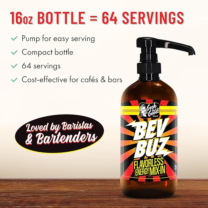 BEV BUZ™ Energy Drink Mix-In – Flavorless Liquid Caffeine Additive for Coffee Tea Smoothies Sodas Juices | Fast-Acting Energy Boost | Mixes Into Any Drink | Barista &amp Café Favorite | 64 Servin