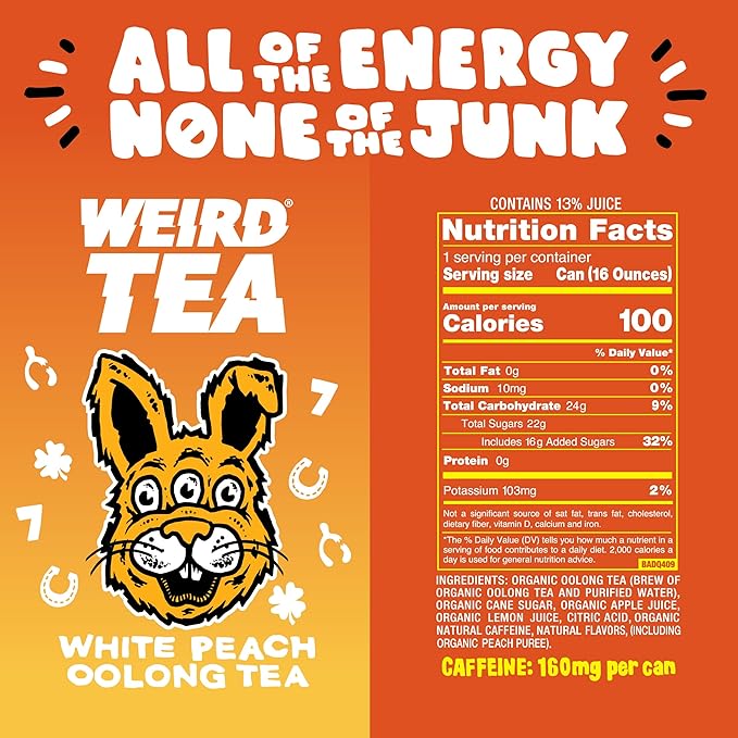 Drink Weird Organic White Peach Oolong Tea – 16oz Cans 160mg Organic Caffeine Pack of 12 – A Refreshing Energy Drink Alternative