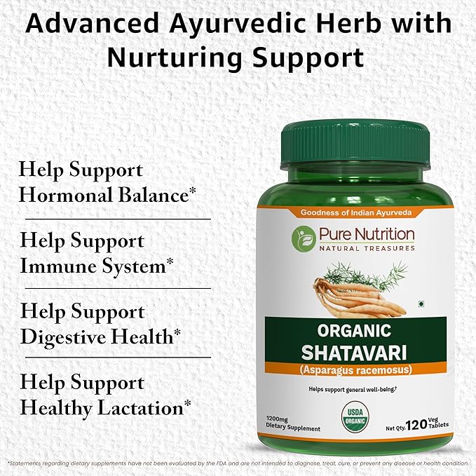 Pure Nutrition Organic Shatavari Tablets - 1200mg | 120 Count | USDA Organic | Promotes hormonal Balance &amp Female Reproductive Health | Non-GMO | Gluten-Free