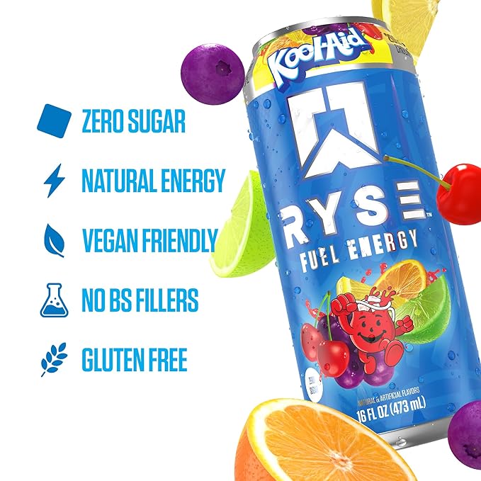 RYSE Fuel Energy Drink - Variety Pack - Sugar Free Gluten Free &amp Vegan - 200mg Natural Caffeine Taurine &amp Choline for Focus &amp Energy - No Artificial Colors - 16 fl oz Cans (12-Pack)