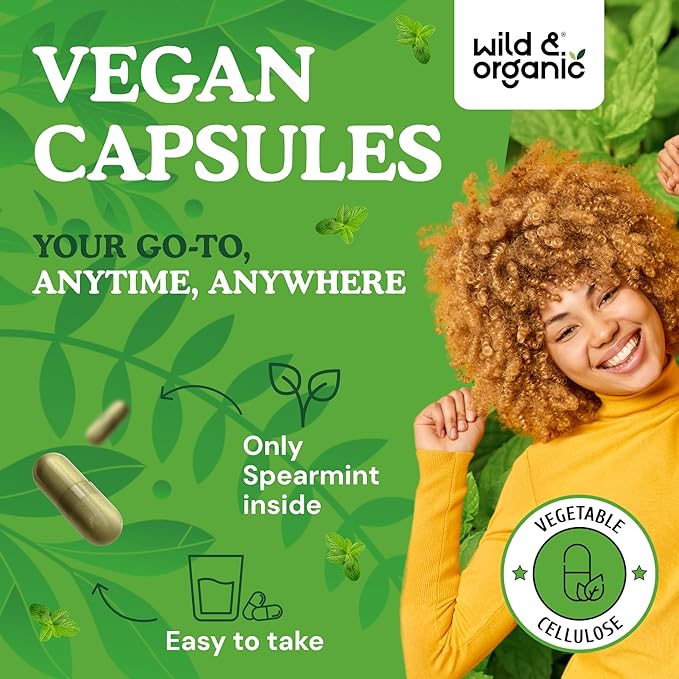 Wild &amp Organic Spearmint Capsules - 1000 mg Spearmint Supplement for Digestive Support - 30 Days of Supply - 60 Leaves Extract Capsules - Vegan Non-GMO Gluten-Free No Fillers