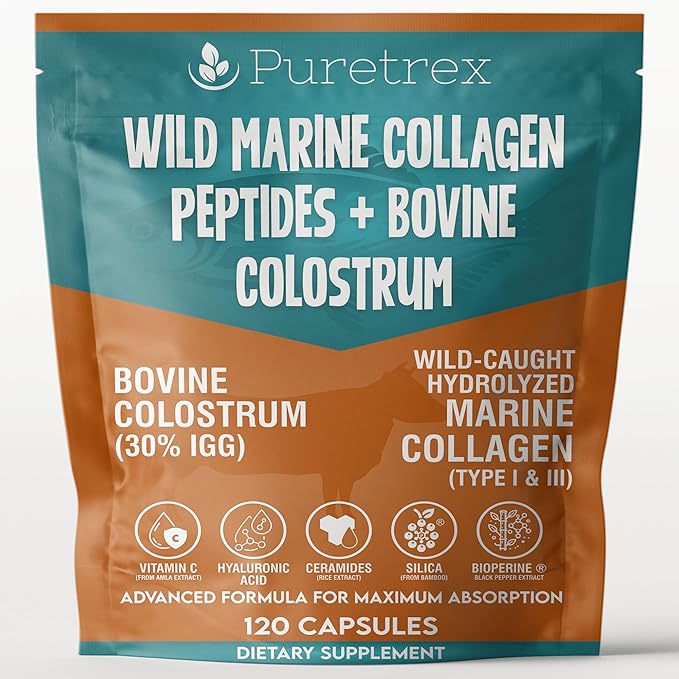 Wild Marine Collagen Peptides with Bovine Colostrum 120 Capsules Advanced Formula for Skin Joints Gut Health Immunity Support GMO-Free