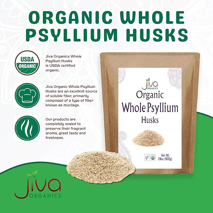 Jiva Organics Whole Psyllium Husk (Isabgol) 1.75 LB (28 Oz) Jumbo Bag - Non-GMO Unflavored - Keto Friendly Soluble Fiber