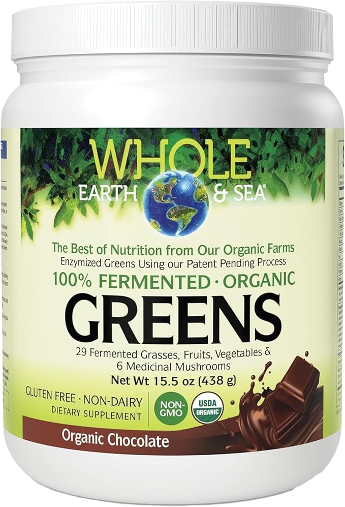 Whole Earth &amp Sea from Natural Factors Organic Fermented Greens Vegan Whole Food Supplement Chocolate 15.5 Oz