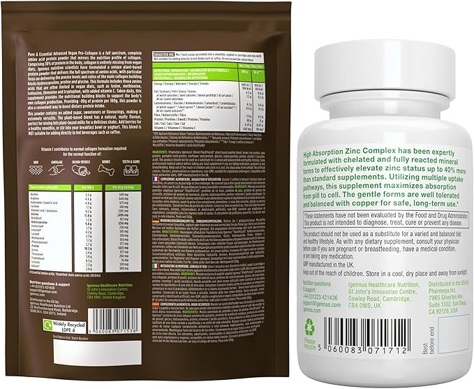 Vegan Collagen Protein Powder + Zinc Complex Vegan Bundle for Skin Hair Nails Complete Collagen Boosting Formula + 25mg Chelated Zinc by Igennus
