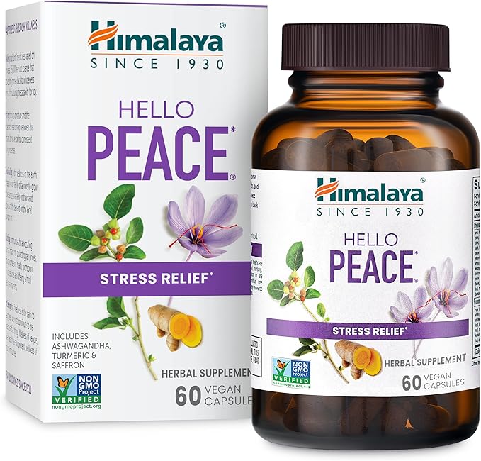 Himalaya Hello Peace - Herbal Stress Relief Supplement with Ashwagandha and Turmeric for Normal Cortisol and Adrenal Support - Vegan Non-GMO Gluten Free 60 Capsules