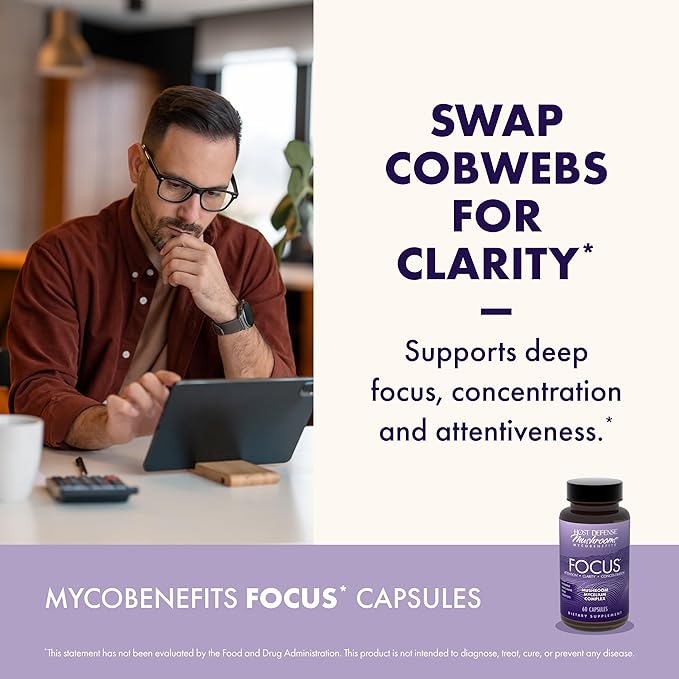 Host Defense MycoBenefits Focus Capsules - Mushroom Supplement for Brain Health Support - Neurological Function Aid for Adults - Includes Lion's Mane Reishi &amp B Vitamins - 60 Capsules (30 Serving