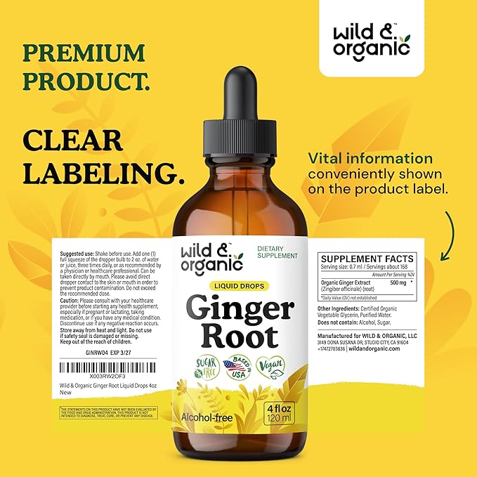 Wild &amp Organic Ginger Root Extract Drops - Immune &amp Digestive Support - Liquid Ginger Supplements - Vegan Sugar &amp Alcohol-Free Tincture - 4 fl oz