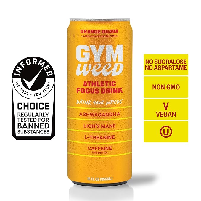 GYM WEED Athletic Focus Drink with KSM-66 Ashwagandha Lion's Mane Mushroom L-Theanine 200mg Green Tea Caffeine with Natural Sweeteners Orange Guava Flavor 12 Pack