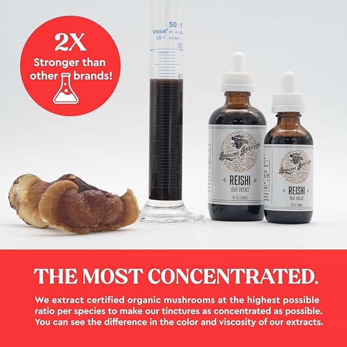 Hodgins Harvest Organic Reishi Mushroom Fruiting Body Extract Tincture - Extra Concentrated Dual Extract Supplement - Supports Heart Health &amp Wellness - USDA Organic Mushrooms - 2 oz