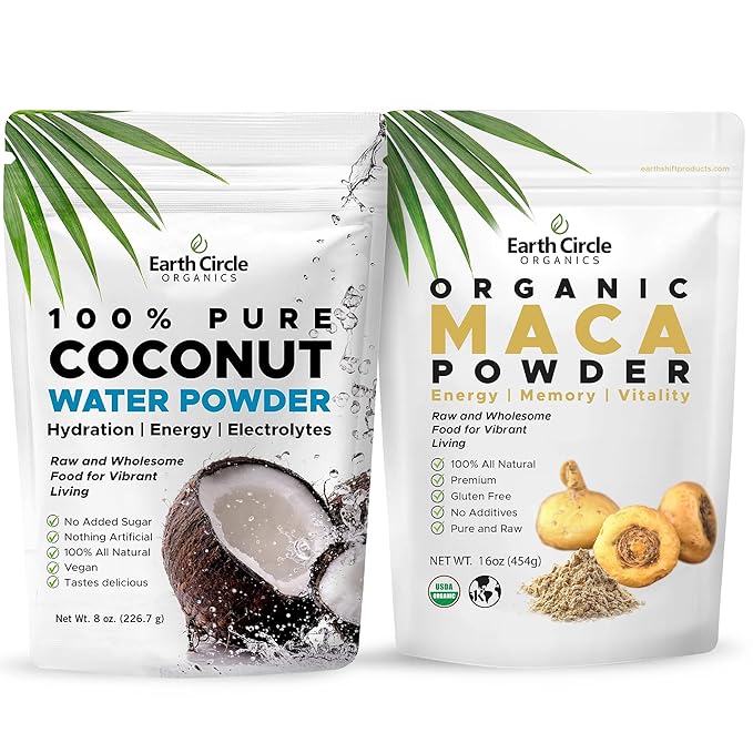 Earth Circle Organics Pure Coconut Water Powder 8oz &amp Yellow Maca Root Powder 1lb for Enhanced Wellness Hydration and Vitality - Vegan Gluten-Free Nutrient-Rich Superfoods