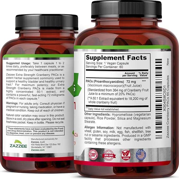 Zazzee Cranberry PACs 72 mg per Capsule 50:1 Extract 60 Vegan Capsules 2X Strength 2 Month Supply Fast-Acting Effective Urinary Tract &amp Bladder Support 100% Soluble PACs Made in the USA