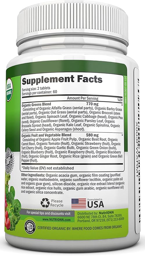 Organic Super Greens Capsules - Fruit And Vegetable Supplements - 120 Count - 28 USDA Organic &amp Vegan Premium Ingredients - Superfood Blend For Immune Health Digestion &amp Energy - Whole Food V