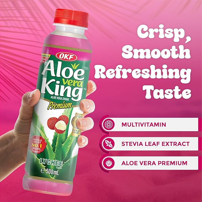 OKF Aloe Vera King Drink with Pure Aloe Pulp Variety Flavors 16.9 oz. (Lyche Pack of 20) Korean Premium Health Beverage
