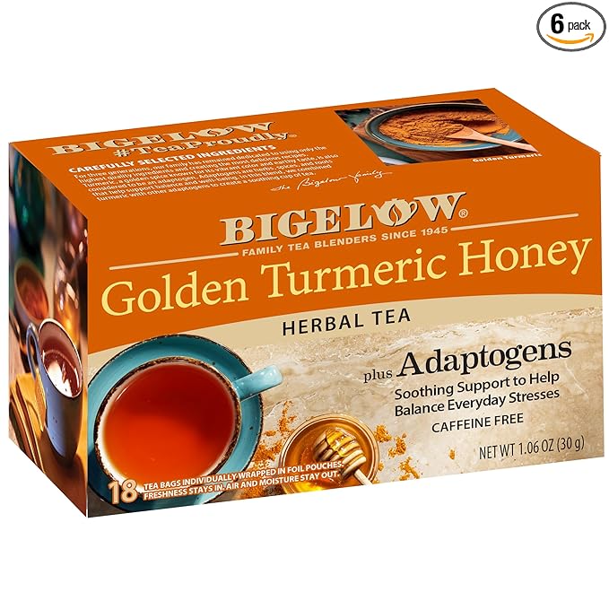 Bigelow Tea Golden Turmeric Honey plus Adaptogens 18 Count (Pack of 6) 108 Total Tea Bags