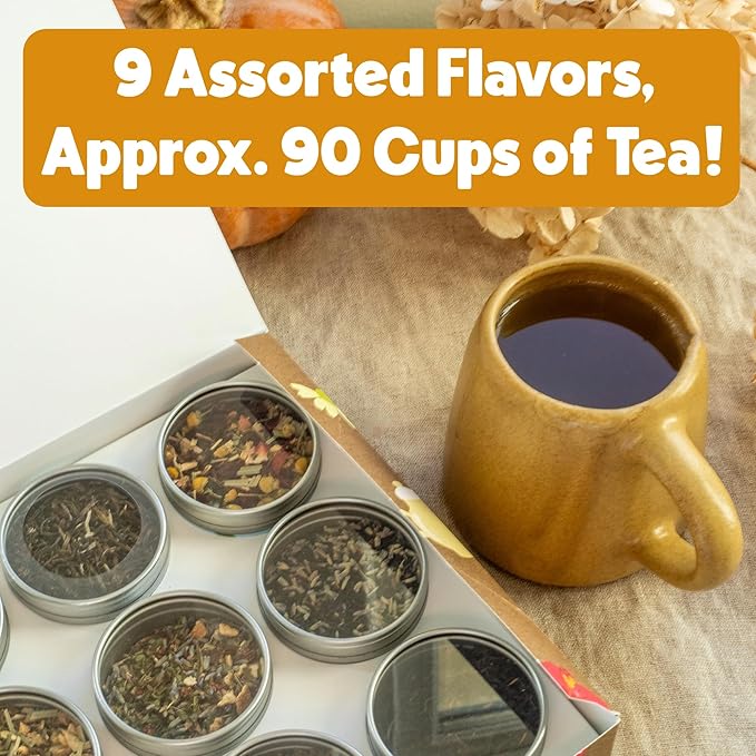 Heavenly Tea Leaves Organic 9 Flavor Variety Pack Loose Leaf Tea Sampler Gift Set (Approx. 90 Cups) | Assorted Green Black White Herbal Teas Premium Whole Leaf Collection Gourmet Box for Tea Lovers