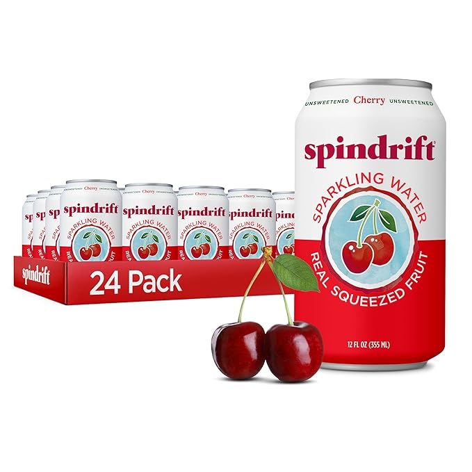 Spindrift Sparkling Water Cherry Flavored Made with Real Squeezed Fruit 12 Fl Oz Cans Pack of 24 (Only 21 Calories per Can)
