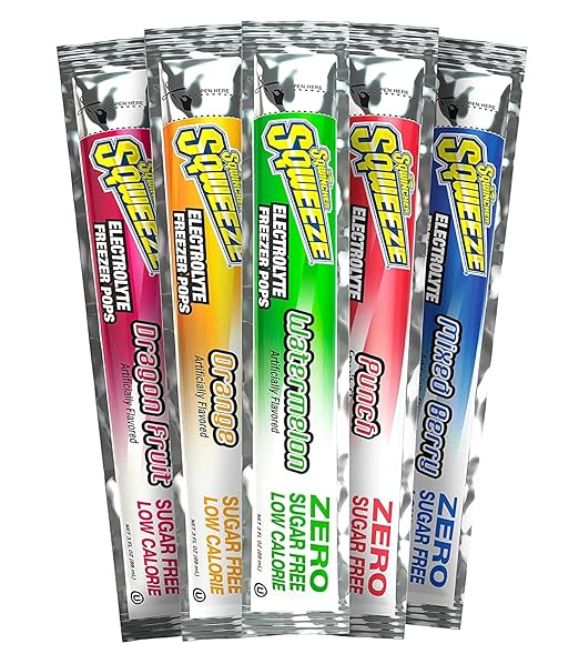 Sqwincher Sqweeze Electrolyte Freezer Pops Zero Sugar Assorted Flavors 5 bags of 10 (50 Total Freezer Pops) and Sqwincher Zero Qwik Stik Sugar Free Fruit Punch .11 0z (Pack of 50)