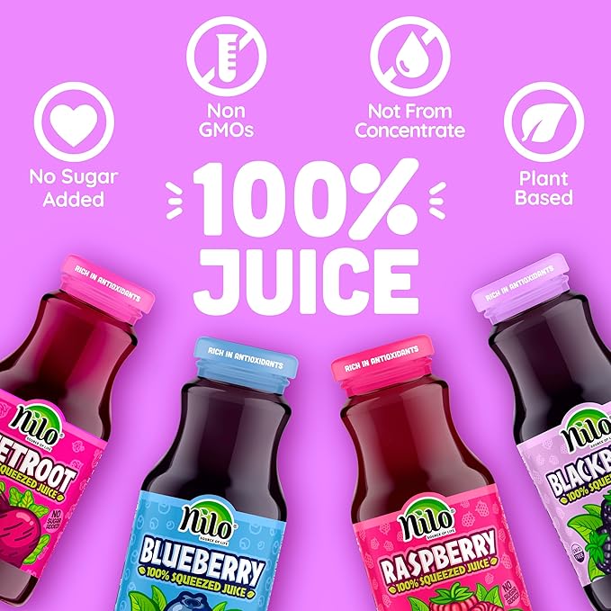 NILO Variety Pack | 100% Squeezed Juice Blackberry Blueberry Raspberry Beetroot | NO Sugar added | NON GMO | NOT From Concentrate | 8.45 oz (Pack of 12)