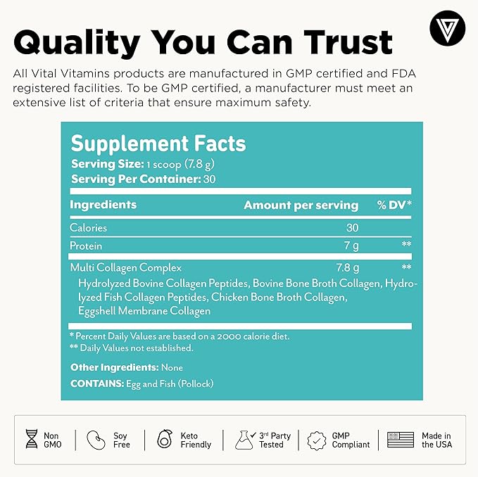 Vital Vitamins Multi Collagen Peptides Powder - Unflavored Easy to Dissolve - Type I II III V X - for Women &amp Men - Promotes Hair Skin Nails &amp Joint Health - 30 Servings